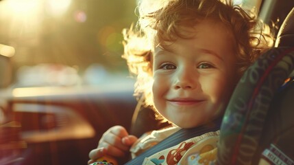 Wall Mural - A joyful young child with curly hair smiling brightly sitting in a car seat with sunlight streaming through the window.