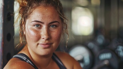 Wall Mural - A young woman with freckles wearing a sports top smiling at the camera standing in a gym with weightlifting equipment in the background.