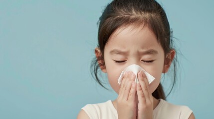 Wall Mural - Young girl with closed eyes holding a white tissue to her nose against a light blue background conveying a sense of comfort or relief.