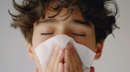 Wall Mural - Young boy with curly hair eyes closed using a white tissue to wipe his nose.