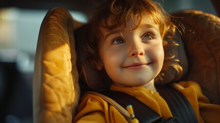 Wall Mural - A young child with curly hair wearing a yellow jacket seated in a car seat looking up with a smile enjoying a car ride.