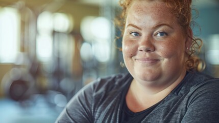 Poster - A woman with red hair and freckles smiling at the camera wearing a gray top in a gym setting with blurred equipment in the background.