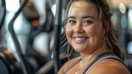 Wall Mural - Smiling woman with sweaty skin wearing a sports bra in a gym setting with blurred exercise equipment in the background.