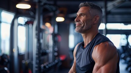 Wall Mural - A man with a beard and gray hair wearing a sleeveless top standing in a gym with a smile on his face looking to the side.