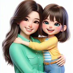 Cute kawaii excited asian smiling child girl hugs young mom, sister. 3d