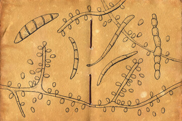 Poster - Hand-drawn illustration of Trichophyton verrucosum fungi on aged paper, reminiscent of medieval medical drawings, merging artistry with mycological depiction. Cattle ringworm fungus.