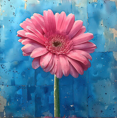 painting of a pink flower in a vase on a blue background