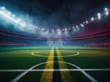 Fototapeta Sport - textured soccer game field with neon fog center, midfield, 3D Illustration