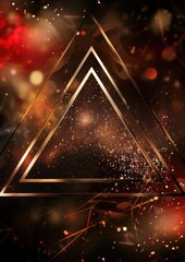 Visualize a luxurious scene featuring an abstract red and gold background adorned with a triangle frame design and glittering gold light effects