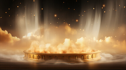 Wall Mural - golden round podium with light clouds, a stage for a new product with an empty copy space