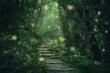 A forest with a path leading through it. The path is lined with trees and the leaves are green. There are many fireflies in the air, creating a magical atmosphere
