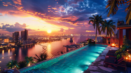 Wall Mural - Bangkok City Night, Vibrant Urban Landscape with River and Twilight Skyline, Travel and Modern Architecture