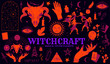 A magical collection of vector witchcraft and spells design elements with dancing witches, crystal stones, hands and spell books.