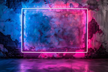 Canvas Print - 
abstract neon frame, rectangular shape on the wall, glowing in blue and purple light, background with copy space for text