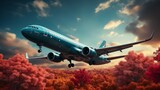 Fototapeta  - A modern passenger jet airplane flying above a colorful autumn forest at sunset, isolated on a blue sky background. Ideal for travel or tourism websites.