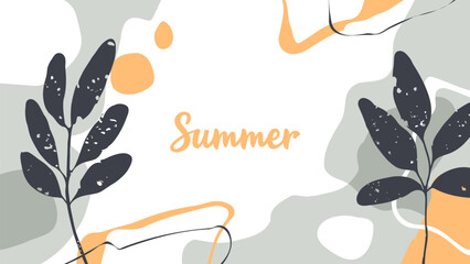 Fototapete - Summertime abstract background with various hand drawn dynamic shapes, black wavy lines and tropical leaves for Summer season creative graphic design. Vector illustration.