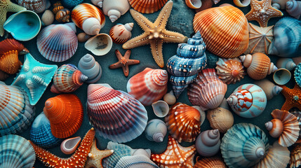 Canvas Print - seamless pattern of different types of colorfuld seashells  