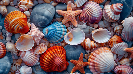 Canvas Print - seamless pattern of different types of colorfuld seashells  