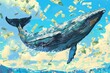 Illustrated whale leaping joyously amidst a shower of money, a vivid portrayal of financial abundance and prosperity, concept of economic growth and investment success