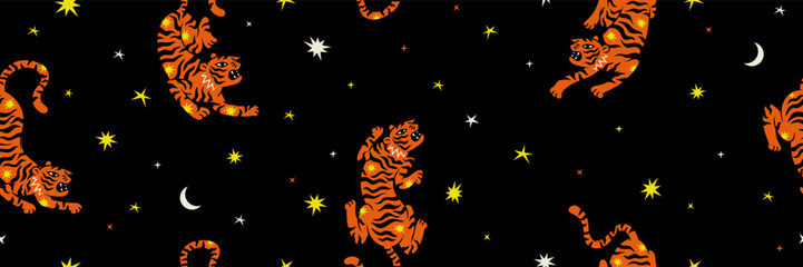 Wall Mural - boho celestial magic art tiger star comet flame fire background. contemporary illustration seamless 