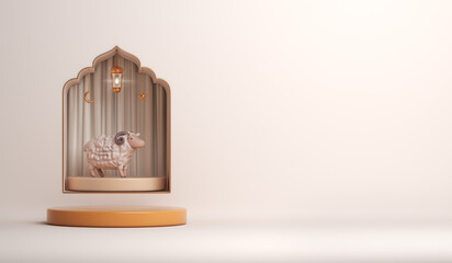 Wall Mural - Eid al adha display podium background with goat sheep, arabic lantern, mosque window, ramadan kareem, mawlid, iftar, eid al fitr, muharram, copy space text area, 3D illustration.