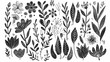 Hand-drawn botanical doodle background with a variety of flowers and leaves