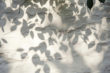 Wall Mural - Delicate play of light and shadows from leaves creates a tranquil pattern against a white textured backdrop