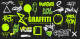 Fototapeta Panele - A vector set of graffiti elements with grunge texture tags and signs. Vector illustration