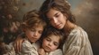 © Filip - A serene portrait showcasing a mother and her children sitting together in quiet contemplation, their expressions serene and introspective, against a backdrop of tranquil natural beauty