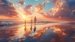 An enchanting image featuring a mother and her children strolling hand in hand along a deserted beach at sunset, their footprints trailing behind them in the sand, against a backdrop of vibrant ocean