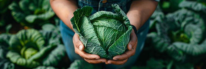 Wall Mural - Farmer Holding Fresh Cabbage in Organic Garden