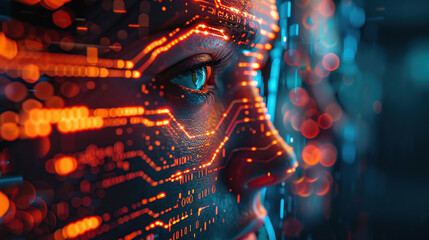 Echoes of Silicon, Binary Garment, The integration of consciousness and artificial intelligence, technological being amid a labyrinth of circuitry, 3D Render