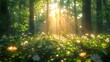 Suns rays penetrate the dense forest, casting dappled light on the young plants and trees below, tranquility and growth, nature thriving