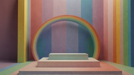 Wall Mural - rainbow pastel background with square podium on the center with sunlight rays from Generative AI