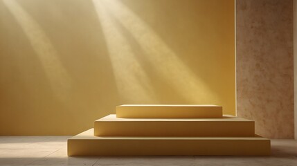Wall Mural - yellow pastel background with square podium on the center with sunlight rays from Generative AI
