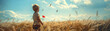 Child in Wheat Field Holding Red Flower with Flying Birds at Sunset