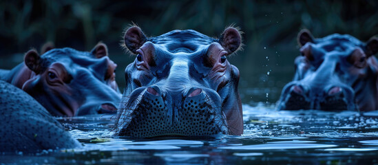 Canvas Print - A group of hippos in the water, motion capture