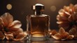 bronze flower petals background with beautiful glass for womens perfume bottle from Generative AI