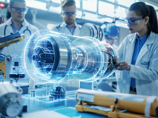 Engineers in lab coats and safety glasses assemble a prototype rocket engine surrounded by 3D models