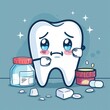 A cartoon tooth is crying and surrounded by medicine bottles