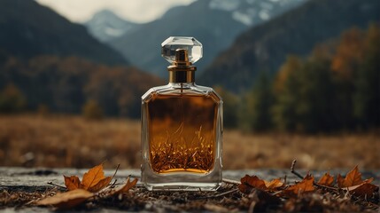 Wall Mural - autumn mountain field background with beautiful glass for womens perfume bottle from Generative AI