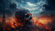 Flaming Skull Engulfed in Fire amidst Gothic Ruins Artwork
