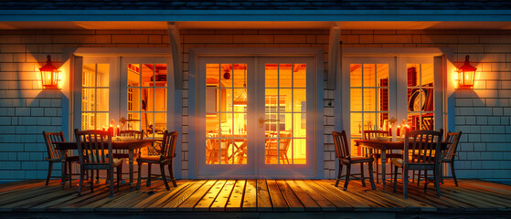 Wall Mural - Cozy Home Terrace at Dusk, Featuring Warm Lighting and Comfortable Outdoor Furniture for Intimate Gatherings