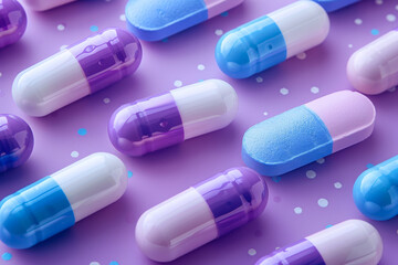 Assorted Medication Capsules on Purple Background - Healthcare Concept