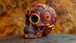 Skull with swirling red and yellow flames, intricately designed, on a contrasting surface