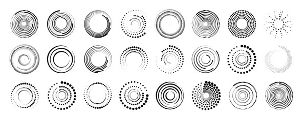 Sticker - Halftone circular dotted frames set. Set of black thick halftone dotted speed lines. Speed lines in circle form. Geometric art. Vector