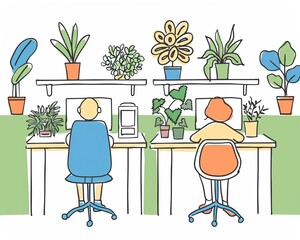 Two stick figures in an office setting, desks set apart by a green zone marked with plants, indicating a healthy, safe distance for collaboration and productivity.