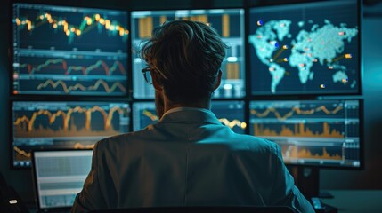 Poster - Male looking at analyse chart patterns on the screen. Generative AI.