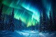 Aurora boreal en el bosque nevado.