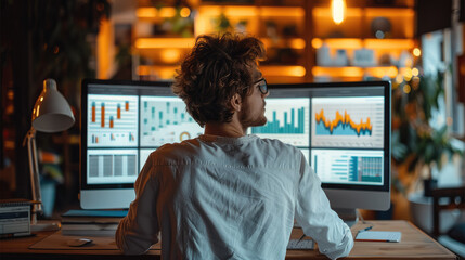 Aufkleber - Male freelance working with statistics on a computer, data analysis. Generative AI.